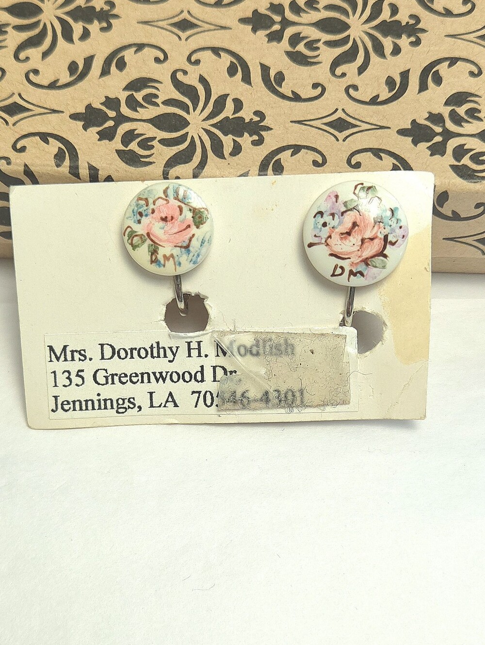 Vintage Hand Painted Floral Ceramic Earrings Clip on Signed by Artist Folk Art